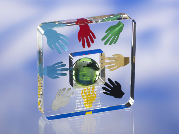 CLEAR TRANSPARENT GLASS AWARD TROPHY with Colour Engraving