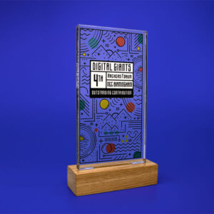 Freestanding Acrylic Award bespoke shape with real wood base 3