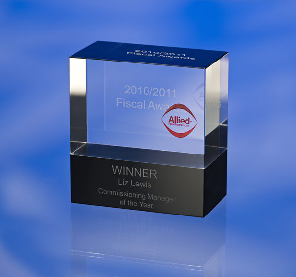 GLASS CUBE BLOCK AWARD TROPHY with Black Base