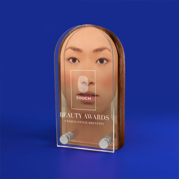 Real Wood Block Award With Metal Plate Acrylic Front basic standard shapes 3